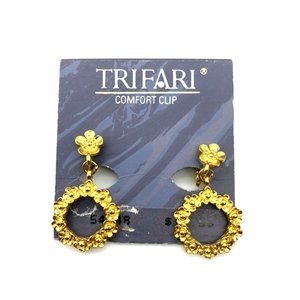 Vintage Trifari Floral Hoop Earrings, Comfort Clip Gold Tone Dangles NOS